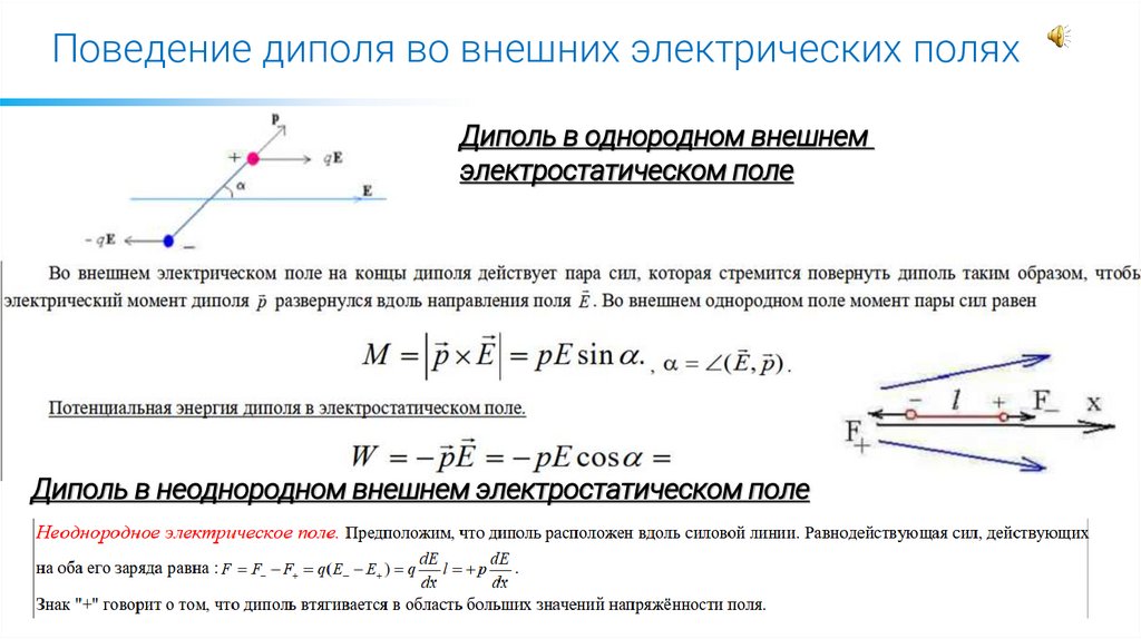 Поведение диполя во внешних электрических полях