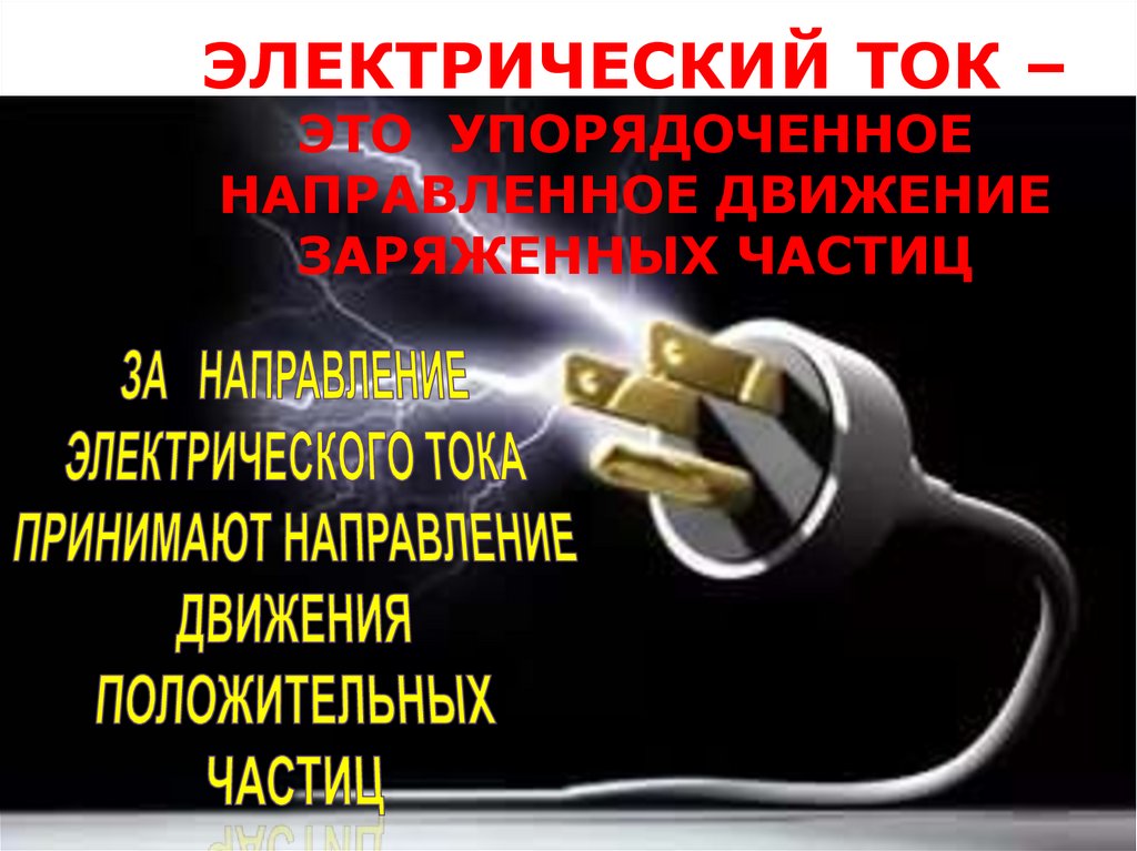 ЭЛЕКТРИЧЕСКИЙ ТОК – ЭТО УПОРЯДОЧЕННОЕ НАПРАВЛЕННОЕ ДВИЖЕНИЕ ЗАРЯЖЕННЫХ ЧАСТИЦ