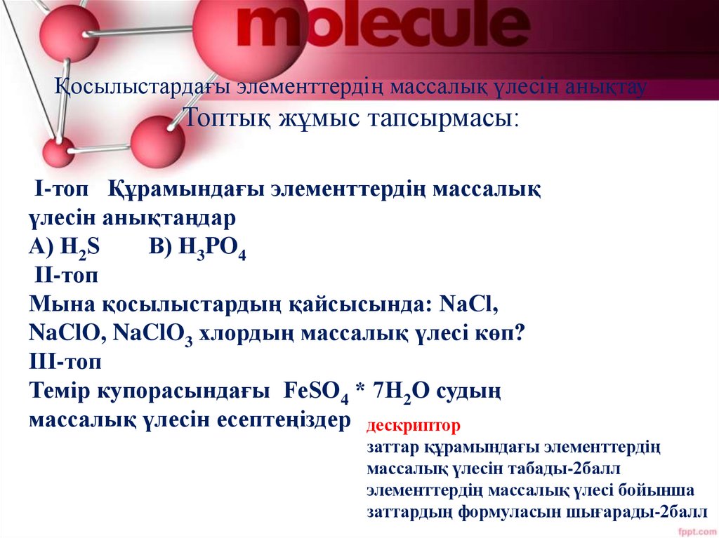 Қосылыстардағы элементтердің массалық үлесін анықтау Топтық жұмыс тапсырмасы: