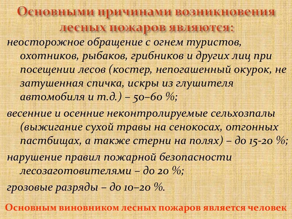 Основными причинами возникновения лесных пожаров являются: