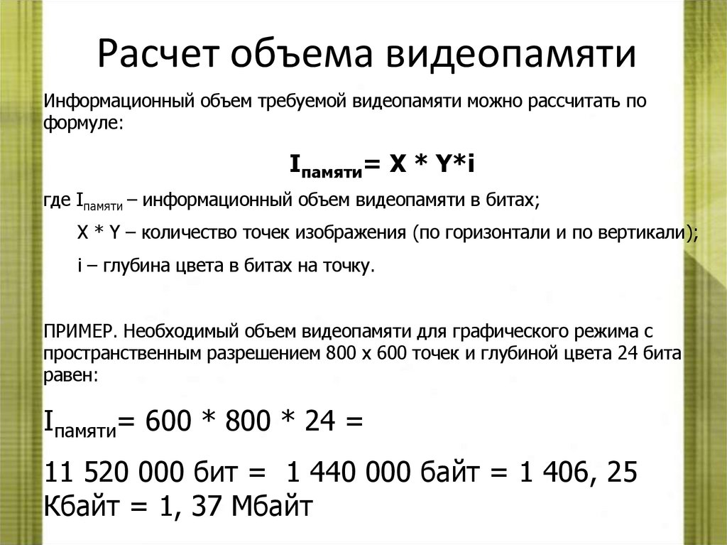 Расчет объема видеопамяти