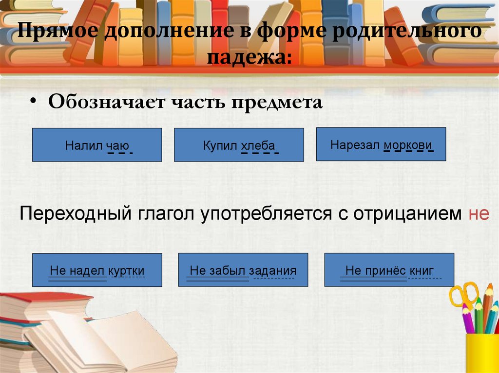 Прямое дополнение в форме родительного падежа: