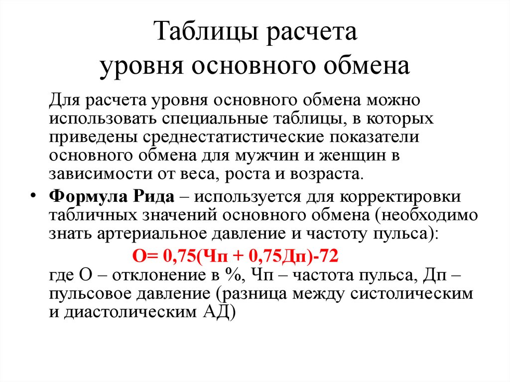 Таблицы расчета уровня основного обмена