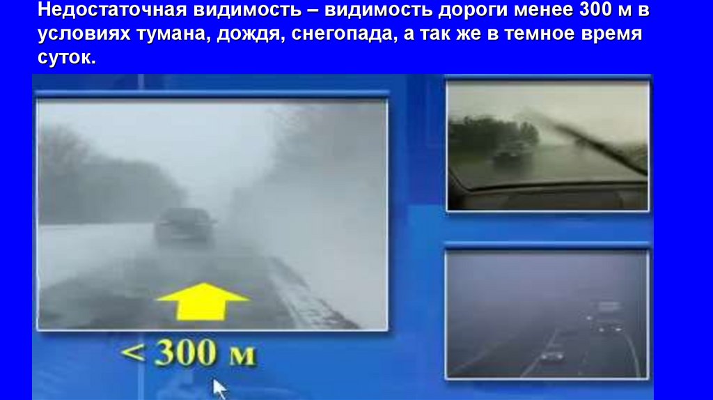 Недостаточная видимость – видимость дороги менее 300 м в условиях тумана, дождя, снегопада, а так же в темное время суток.