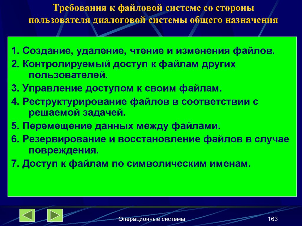 Требования к файловой системе со стороны пользователя диалоговой системы общего назначения