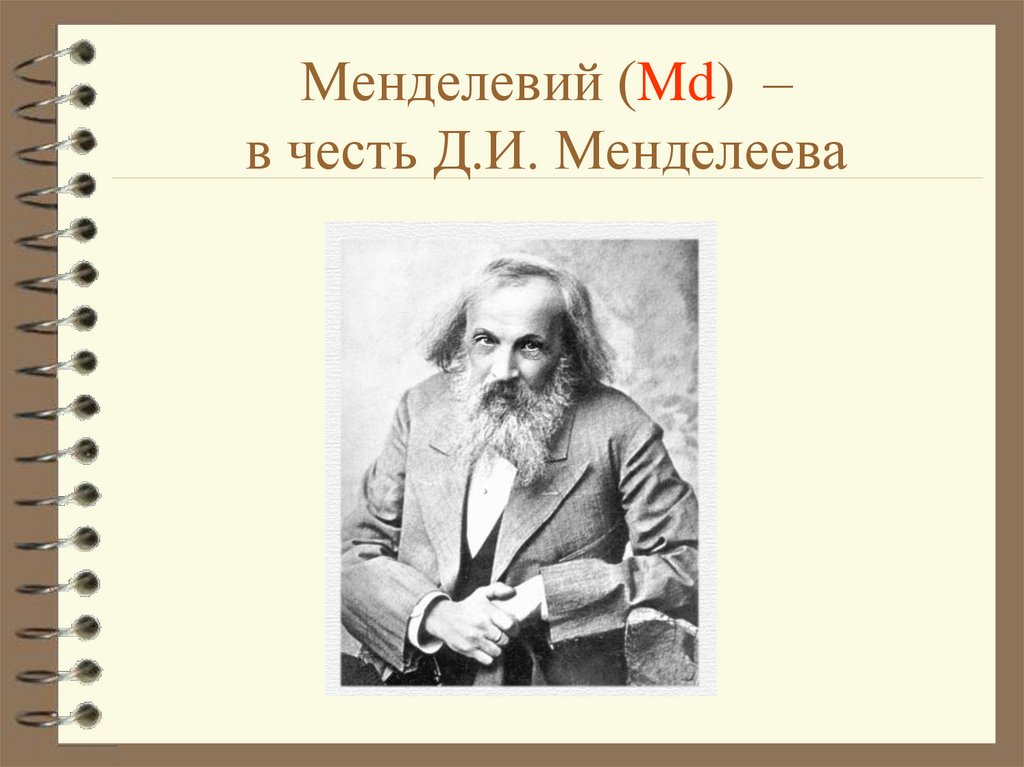 Менделевий (Md) – в честь Д.И. Менделеева