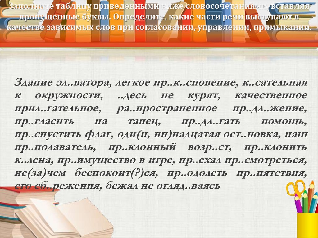 Заполните таблицу приведенными ниже словосочетаниями, вставляя пропущенные буквы. Определите, какие части речи выступают в