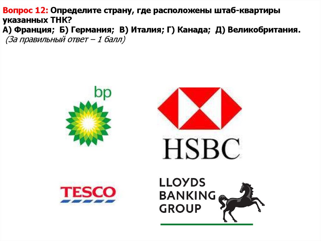 Вопрос 12: Определите страну, где расположены штаб-квартиры указанных ТНК? А) Франция; Б) Германия; В) Италия; Г) Канада; Д)