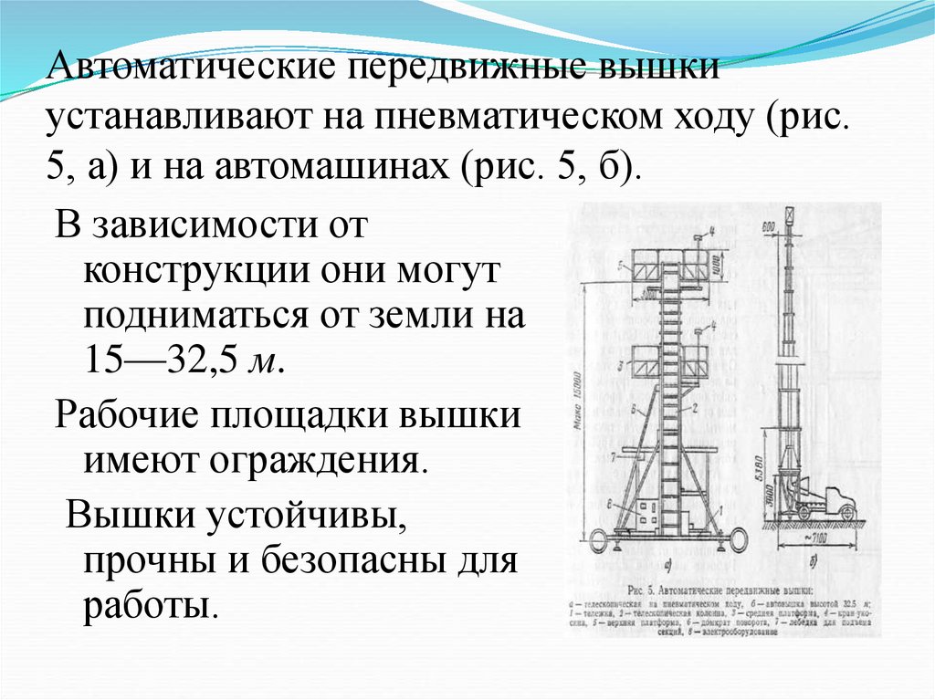 Автоматические передвижные вышки устанавливают на пневматическом ходу (рис. 5, а) и на автомашинах (рис. 5, б).
