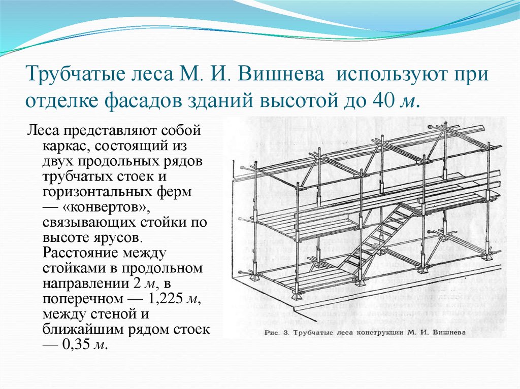 Трубчатые леса М. И. Вишнева  используют при отделке фасадов зданий высотой до 40 м.