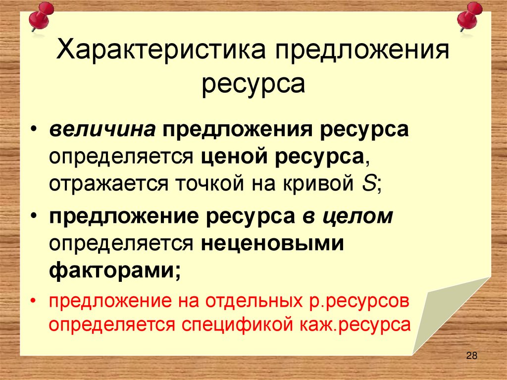 Характеристика предложения ресурса