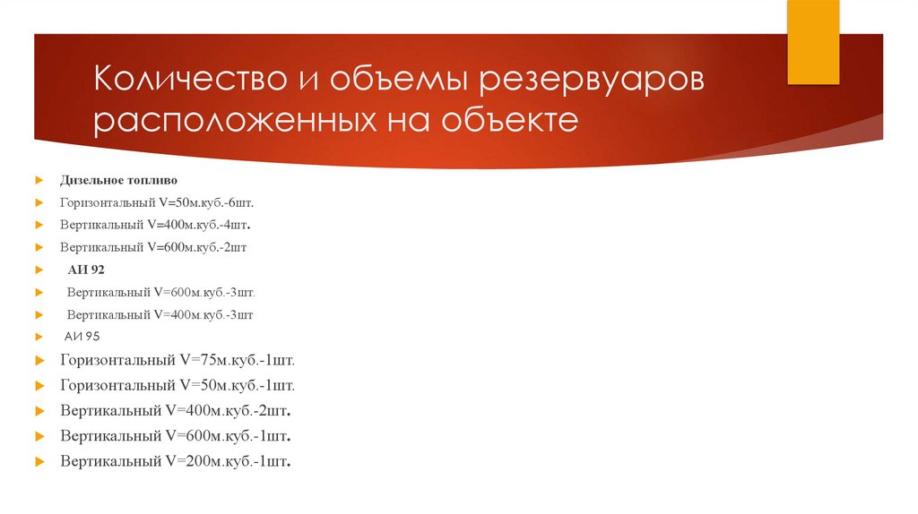 Количество и объемы резервуаров расположенных на объекте