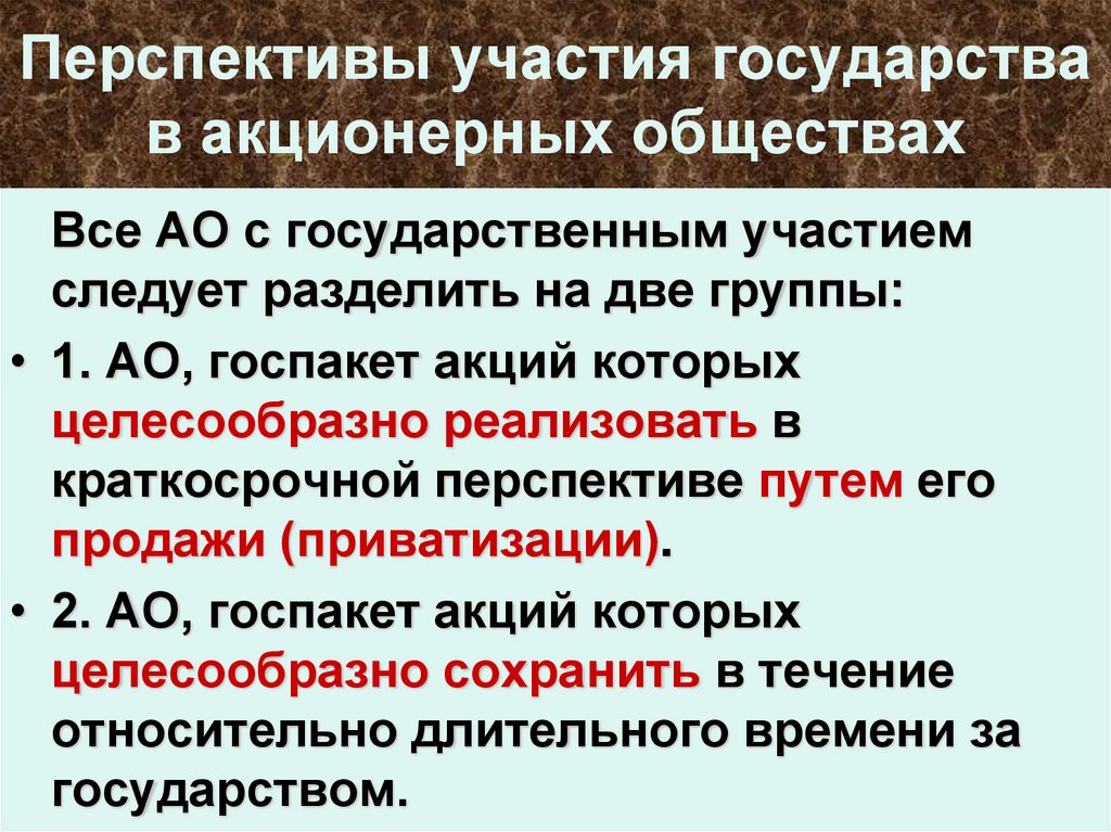 Перспективы участия государства в акционерных обществах
