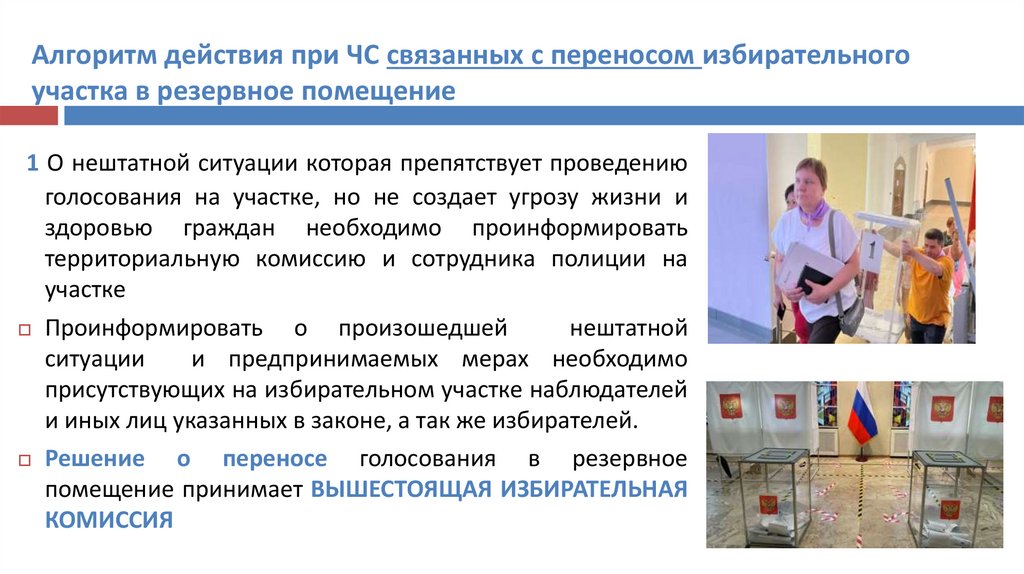 Алгоритм действия при ЧС связанных с переносом избирательного участка в резервное помещение
