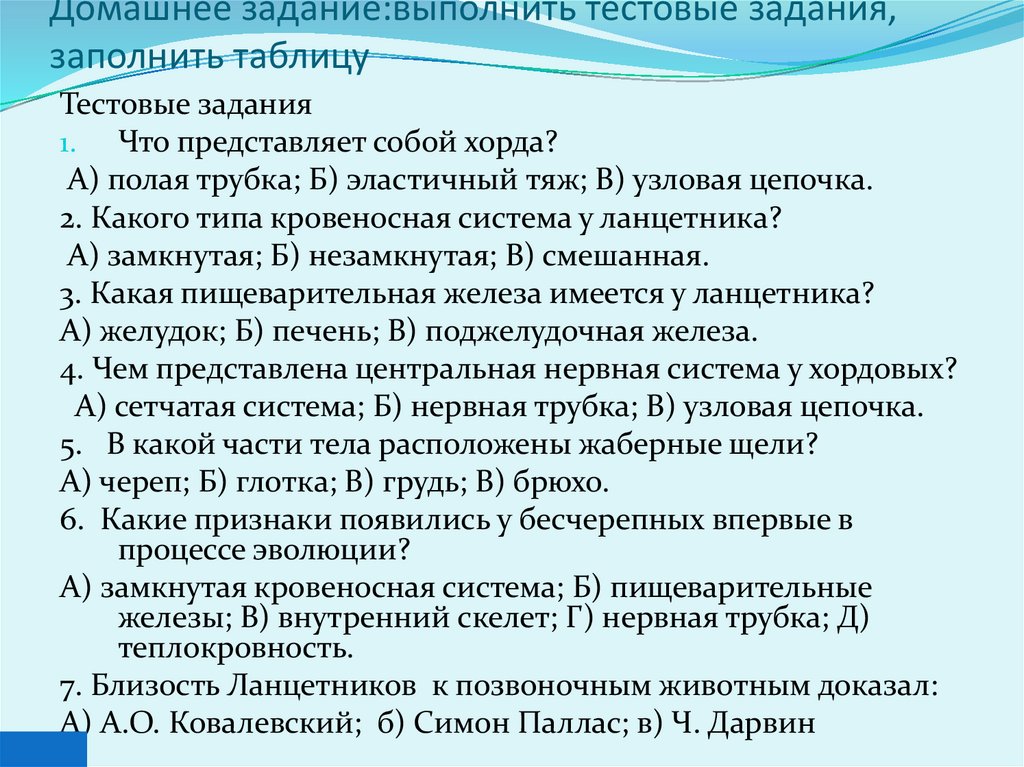 Домашнее задание:выполнить тестовые задания, заполнить таблицу