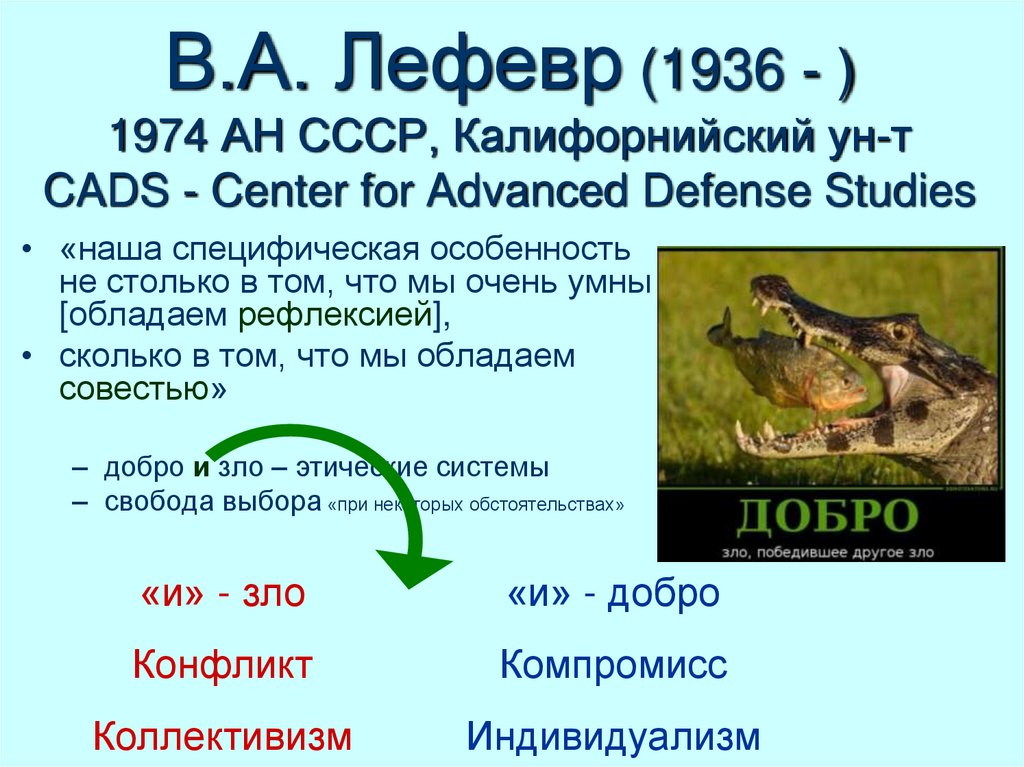 В.А. Лефевр (1936 - ) 1974 АН СССР, Калифорнийский ун-т CADS - Center for Advanced Defense Studies