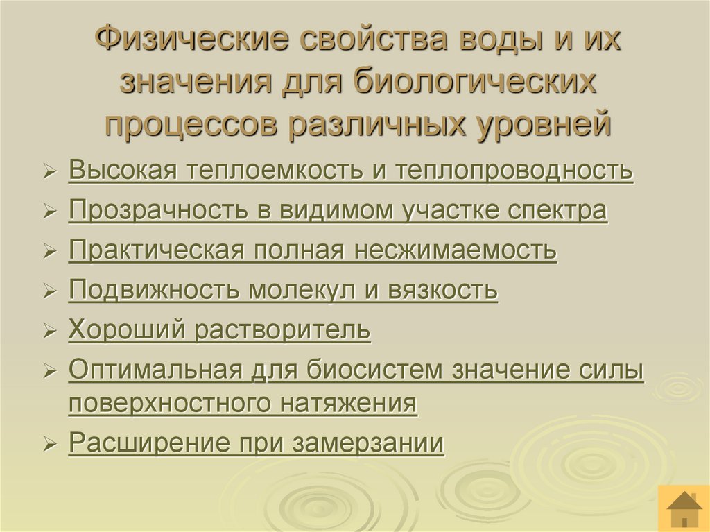 Физические свойства воды и их значения для биологических процессов различных уровней