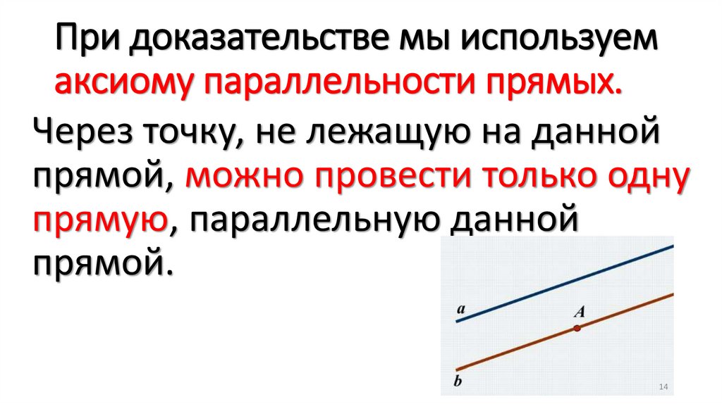 При доказательстве мы используем аксиому параллельности прямых.