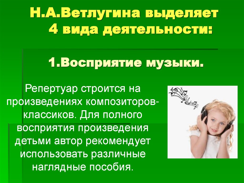 Н.А.Ветлугина выделяет 4 вида деятельности: 1.Восприятие музыки.