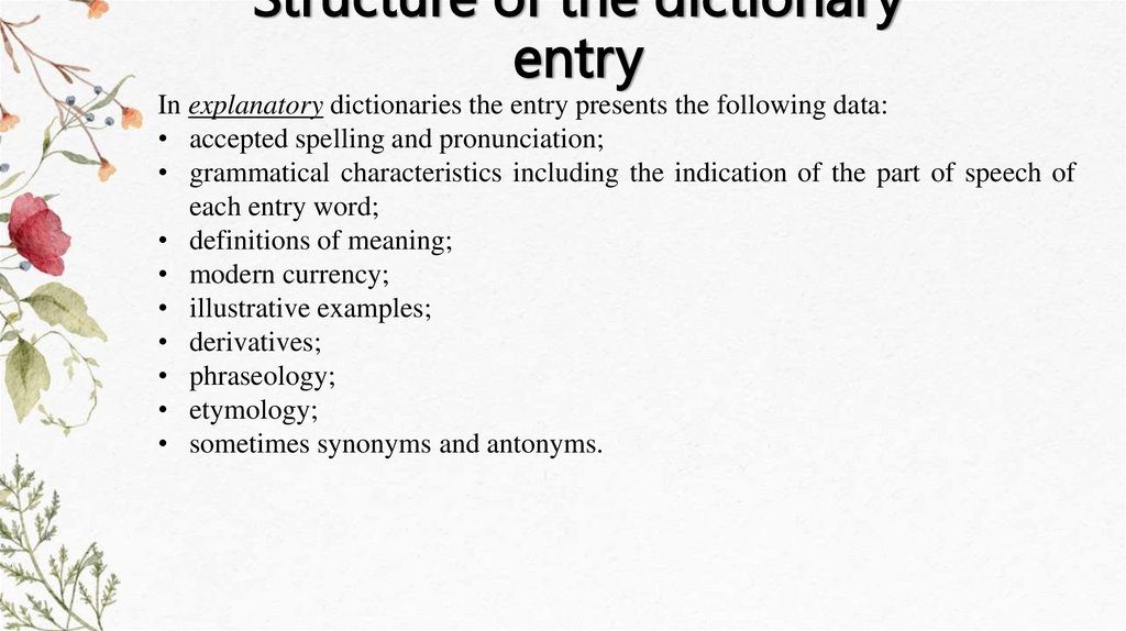 Structure of the dictionary entry