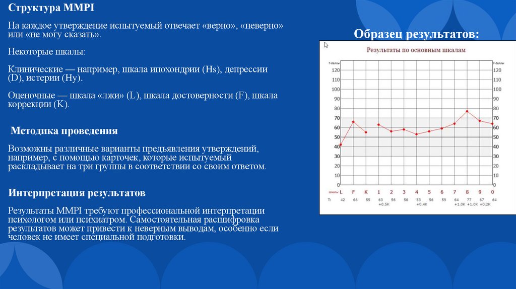 Структура MMPI На каждое утверждение испытуемый отвечает «верно», «неверно» или «не могу сказать». Некоторые шкалы: Клинические