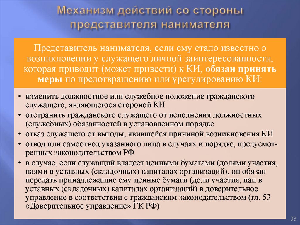 Механизм действий со стороны представителя нанимателя