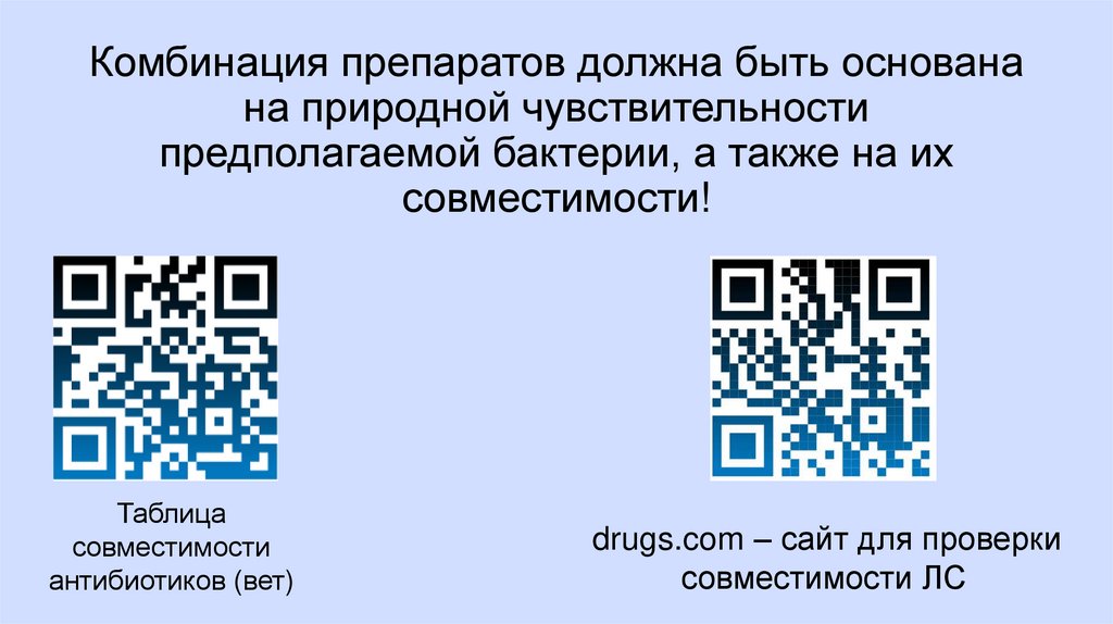 Комбинация препаратов должна быть основана на природной чувствительности предполагаемой бактерии, а также на их совместимости!