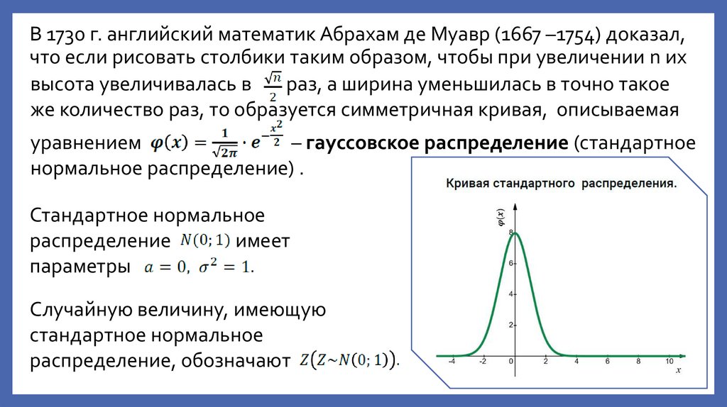 В 1730 г. английский математик Абрахам де Муавр (1667 –1754) доказал, что если рисовать столбики таким образом, чтобы при