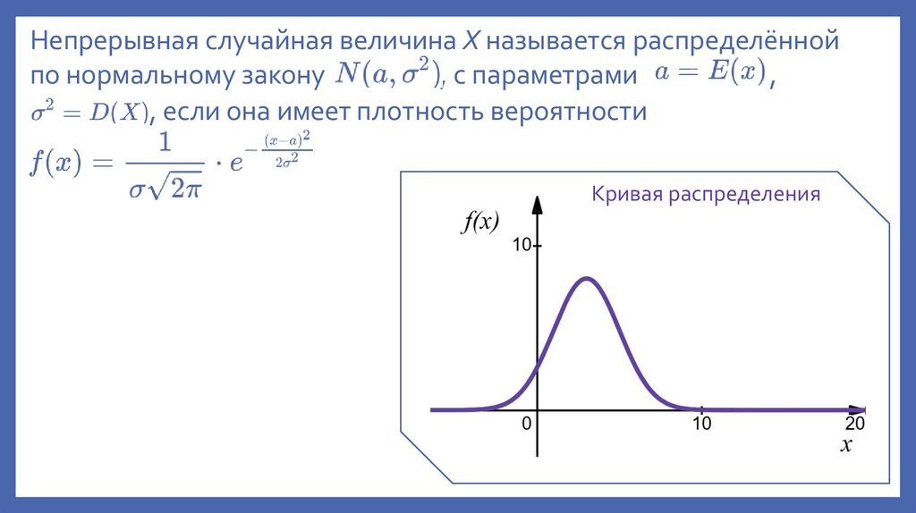 Непрерывная случайная величина X называется распределённой по нормальному закону , с параметрами ,