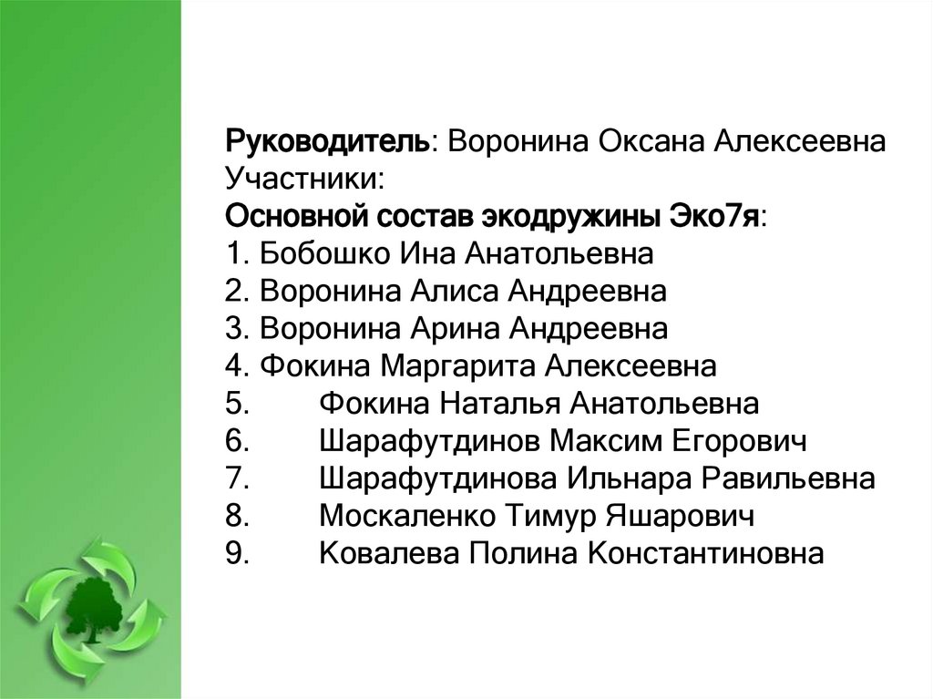 Руководитель: Воронина Оксана Алексеевна Участники: Основной состав экодружины Эко7я: 1. Бобошко Ина Анатольевна 2. Воронина