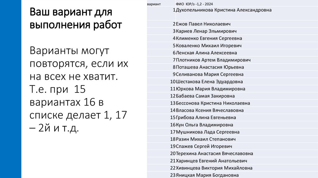 Ваш вариант для выполнения работ Варианты могут повторятся, если их на всех не хватит. Т.е. при 15 вариантах 16 в списке делает