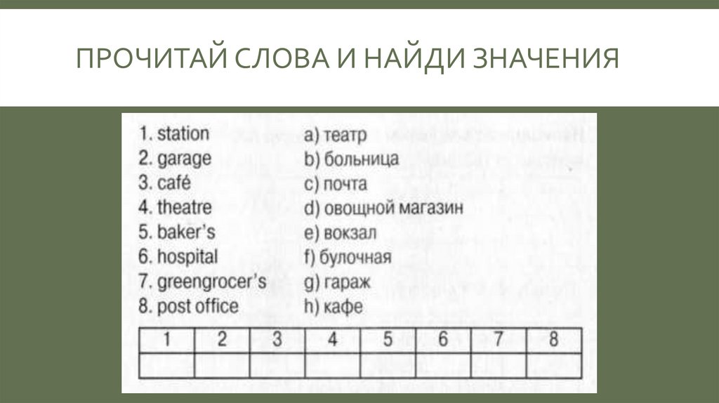 Прочитай слова и найди значения