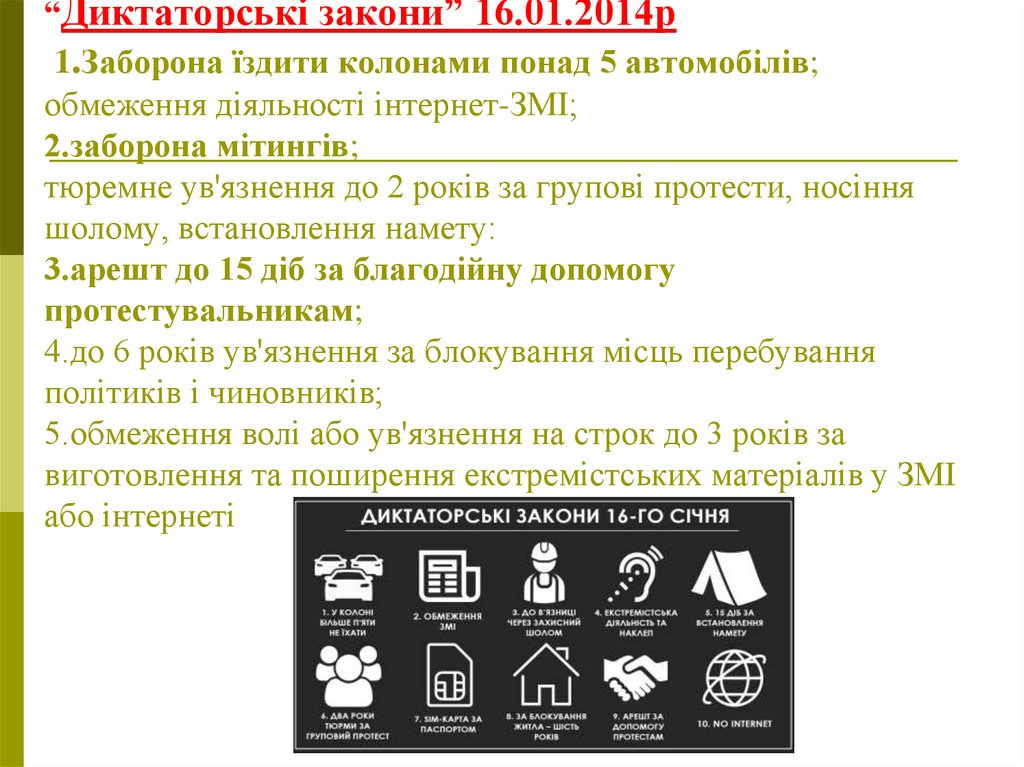 “Диктаторські закони” 16.01.2014р 1.Заборона їздити колонами понад 5 автомобілів; обмеження діяльності інтернет-ЗМІ; 2.заборона