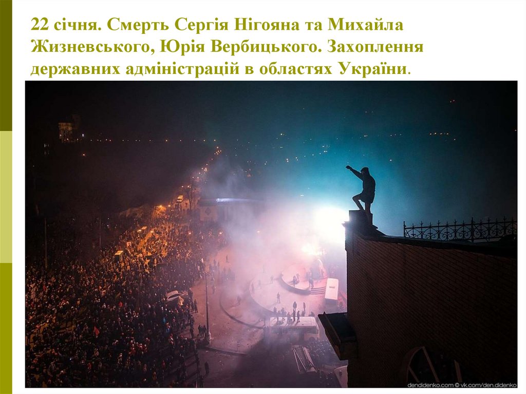 22 січня. Смерть Сергія Нігояна та Михайла Жизневського, Юрія Вербицького. Захоплення державних адміністрацій в областях