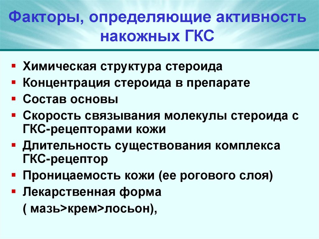 Факторы, определяющие активность накожных ГКС