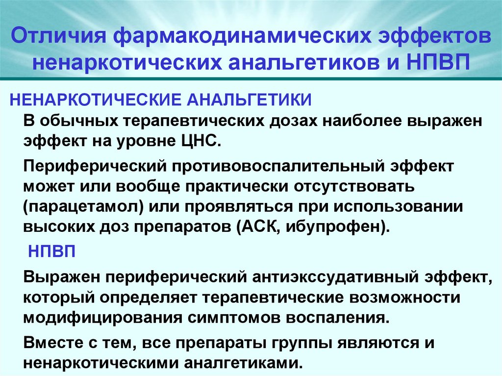 Отличия фармакодинамических эффектов ненаркотических анальгетиков и НПВП