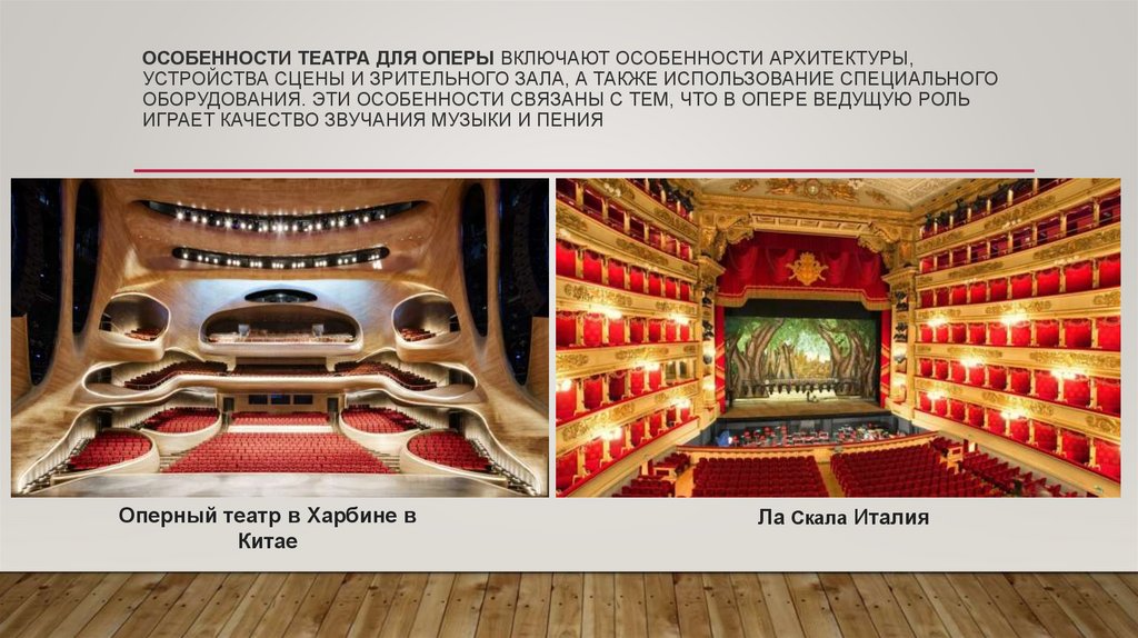 Особенности театра для оперы включают особенности архитектуры, устройства сцены и зрительного зала, а также использование