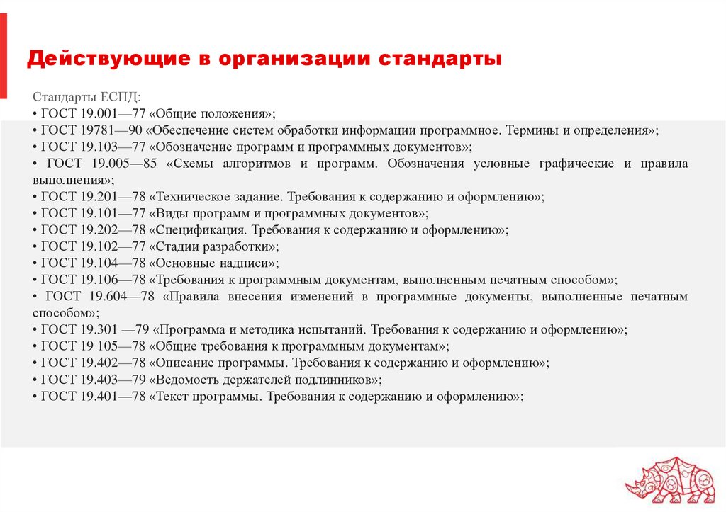 Действующие в организации стандарты