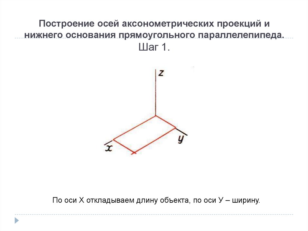 Построение осей аксонометрических проекций и нижнего основания прямоугольного параллелепипеда. Шаг 1.