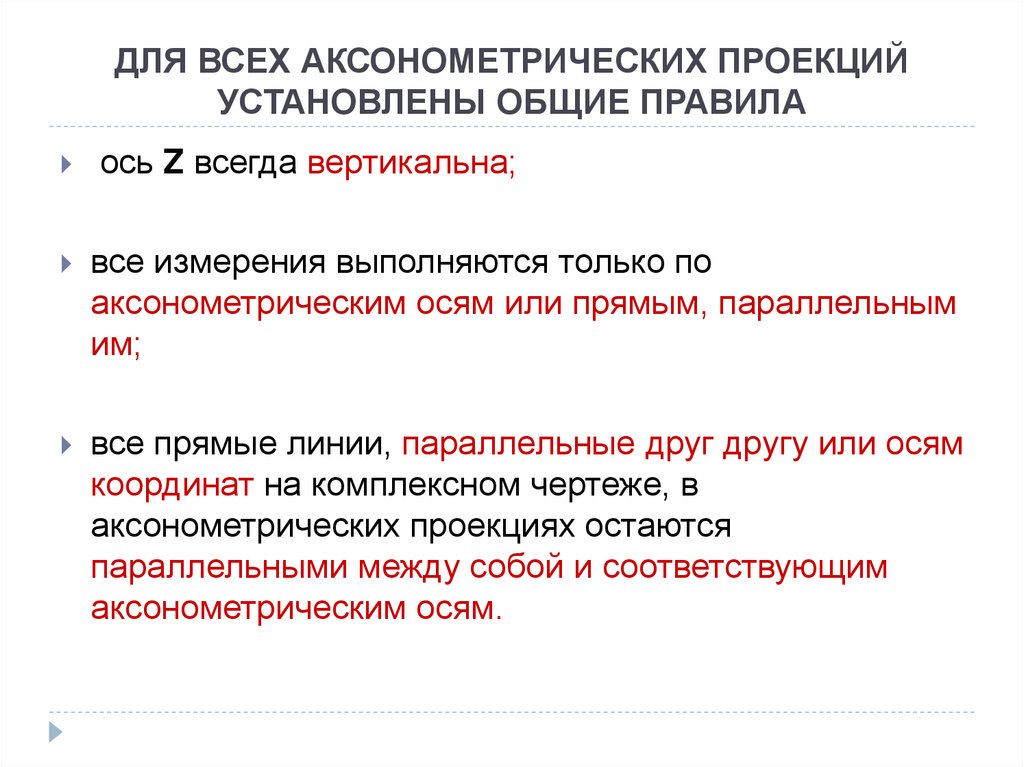 ДЛЯ ВСЕХ АКСОНОМЕТРИЧЕСКИХ ПРОЕКЦИЙ УСТАНОВЛЕНЫ ОБЩИЕ ПРАВИЛА