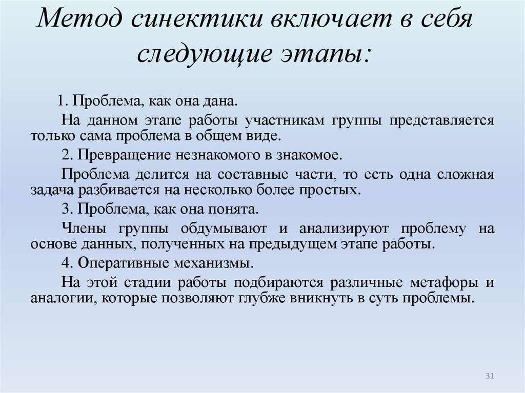 Метод синектики включает в себя следующие этапы:
