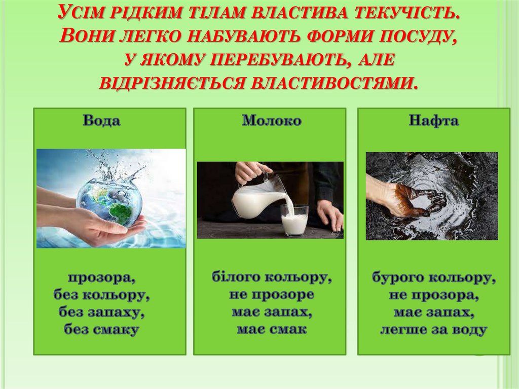 Усім рідким тілам властива текучість. Вони легко набувають форми посуду, у якому перебувають, але відрізняється властивостями.