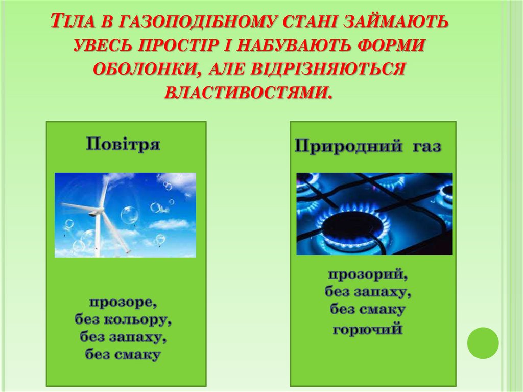 Тіла в газоподібному стані займають увесь простір і набувають форми оболонки, але відрізняються властивостями.