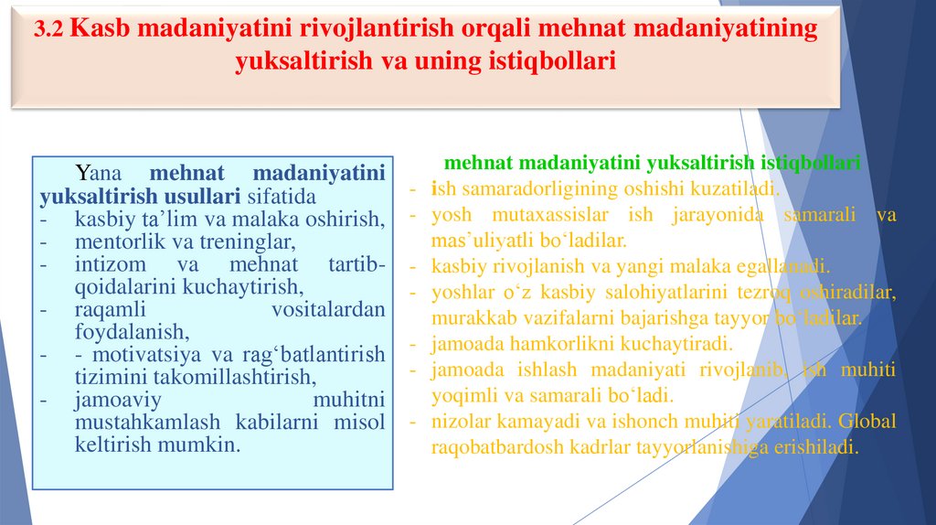 3.2 Kasb madaniyatini rivojlantirish orqali mehnat madaniyatining yuksaltirish va uning istiqbollari