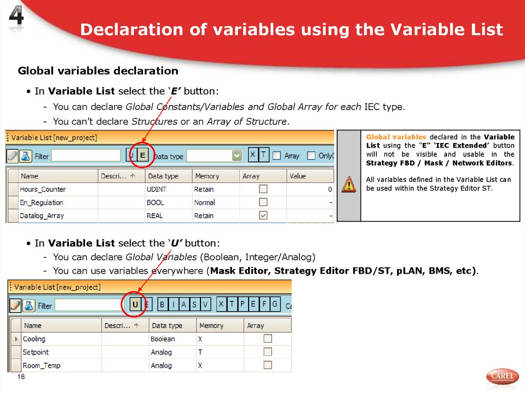 Declaration of variables using the Variable List