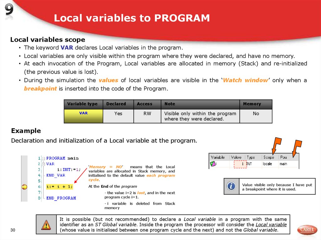Local variables to PROGRAM