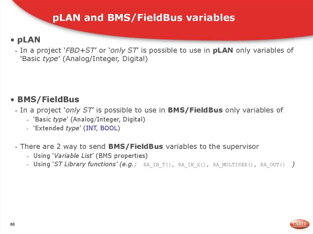 pLAN and BMS/FieldBus variables