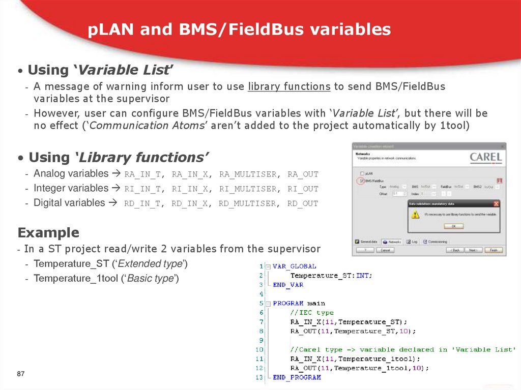 pLAN and BMS/FieldBus variables