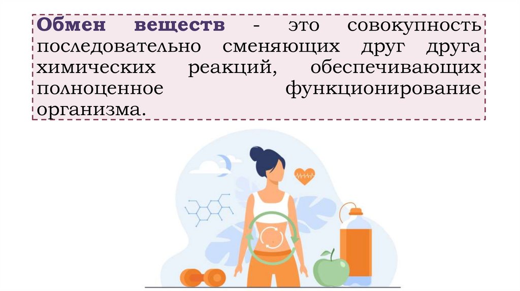 Обмен веществ - это совокупность последовательно сменяющих друг друга химических реакций, обеспечивающих полноценное