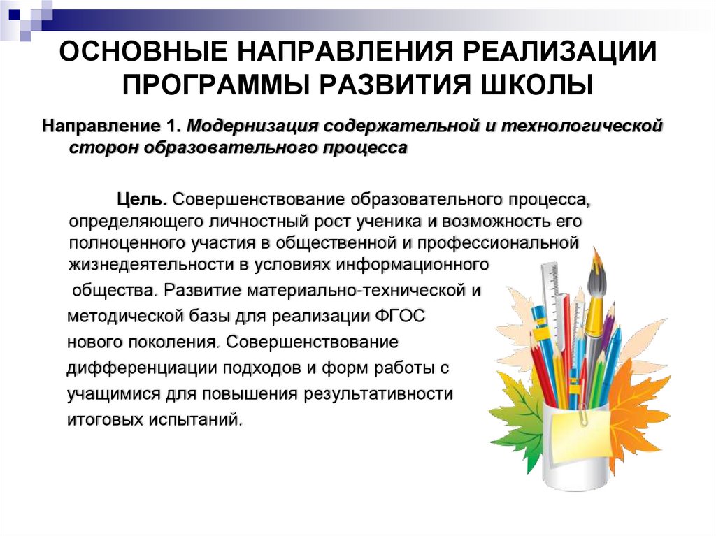 Основные направления реализации программы развития школы  